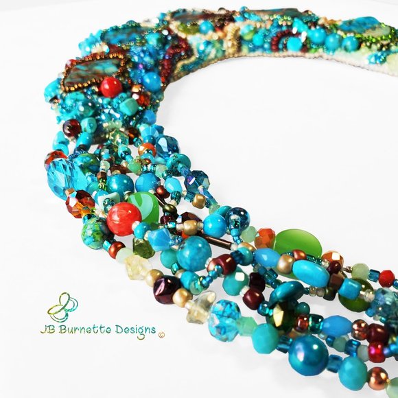 Turquoise Beaded Embroidery Statement Free-form Bib Necklace, Handmade Jewelry - Picture 7 of 10